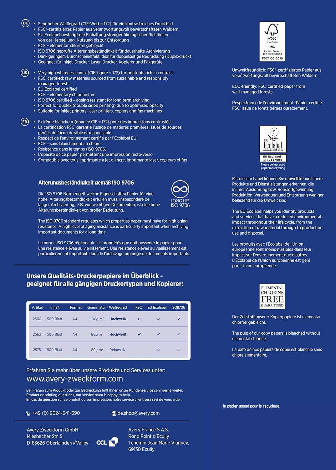 AVERY Zweckform 2566 Drucker-/Kopierpapier (500 Blatt, 100 g/m², DIN A4 Papier, hochweiss, für alle