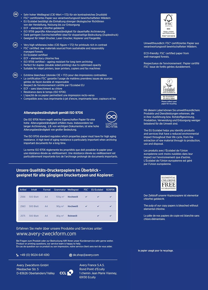 AVERY Zweckform 2566 Drucker-/Kopierpapier (500 Blatt, 100 g/m², DIN A4 Papier, hochweiss, für alle