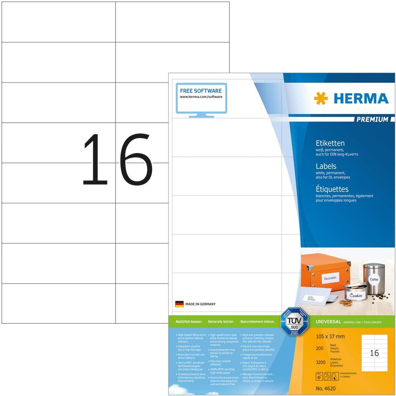 HERMA 4620 Adressetiketten, 200 Blatt, 105 x 37 mm, 16 Stück pro A4 Bogen, 3200 Aufkleber, selbstkle