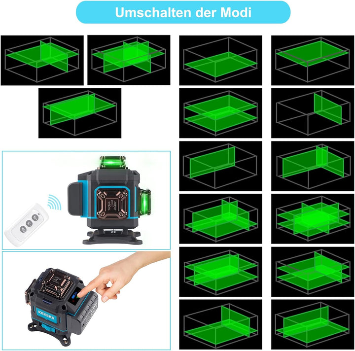 KEZERS Kreuzlinienlaser Grün 4x360°, Selbstnivellierend Laser Wasserwaage 16 Linien, Kreuzlaser mit