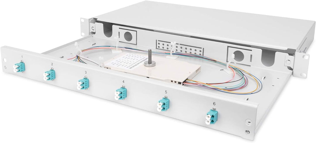 DIGITUS LWL Spleissbox 6 Kupplungen - LC - OM3 - 1HE - 19-Zoll - Multi-Mode Simplex - Mit Spleiss-Ka