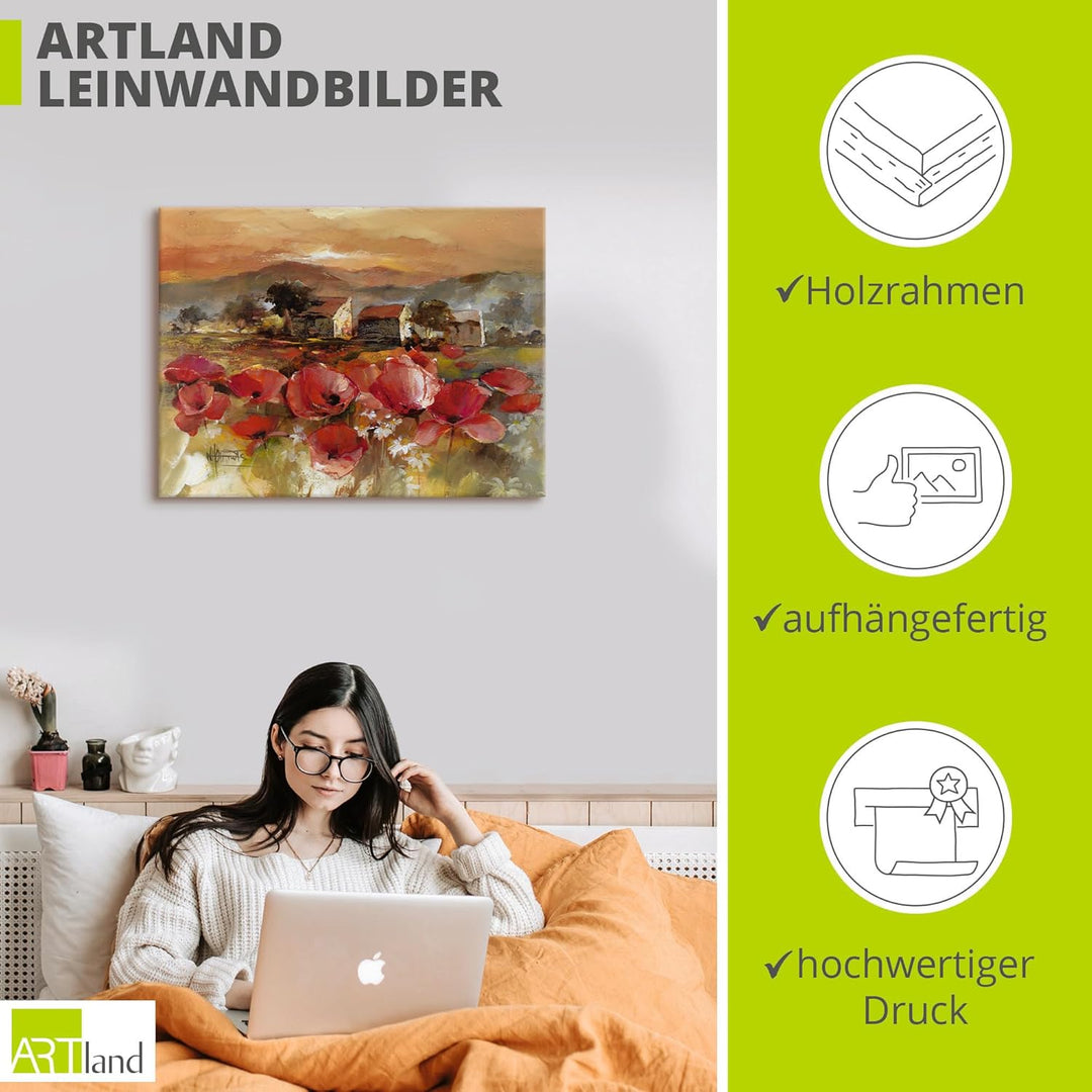 ARTland Leinwandbilder Wandbild Bild auf Leinwand 60x45 cm Wanddeko Toskana Landschaft Italien Mohnb