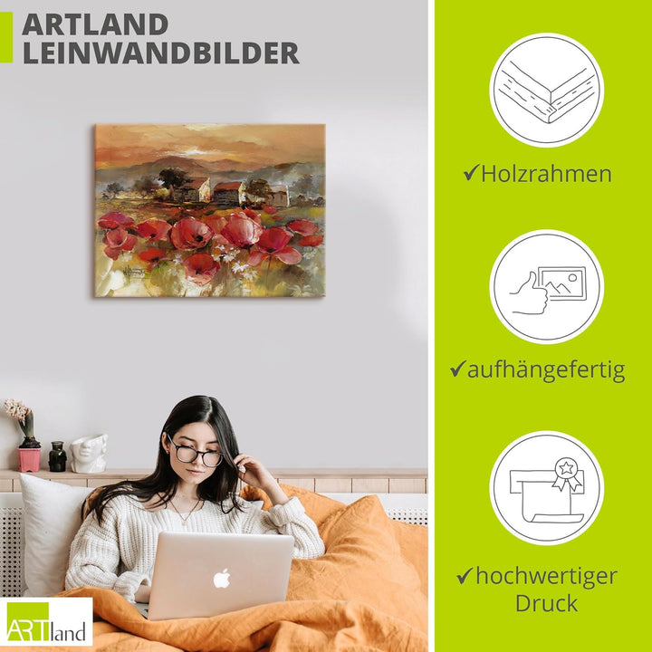 ARTland Leinwandbilder Wandbild Bild auf Leinwand 60x45 cm Wanddeko Toskana Landschaft Italien Mohnb
