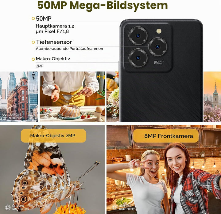 Ulefone Note 20 Pro Handy Android 14 256GB+8GB/1TB SD 50MP+8MP Kamera Octa Core 6000mAh 18W 6,75" HD