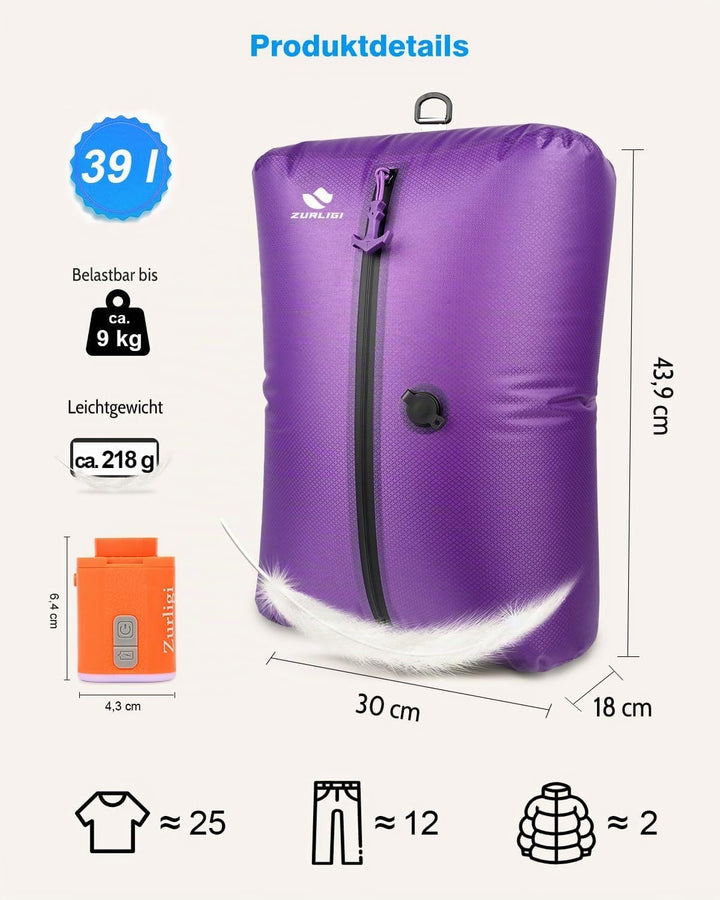 Zurligi 39L Vakuumbeutel-Reiseset mit Pumpe, Nylon, Griff, Lila, 2 Stück | Wiederverwendbare, wasser