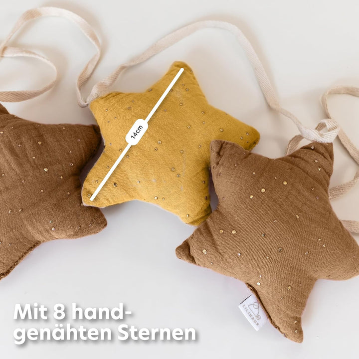 Sternen Wimpelkette Stoff - Mit Goldapplikation in 12 Farben - 100% Baumwolle Handmade - Musselin -
