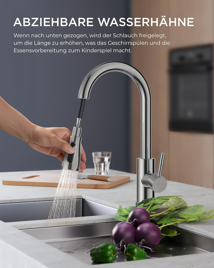 FORIOUS Wasserhahn Küche, Hochdruck Küchenarmatur mit Herausziehbarer Brause Ausziehbar Armatur, Mis