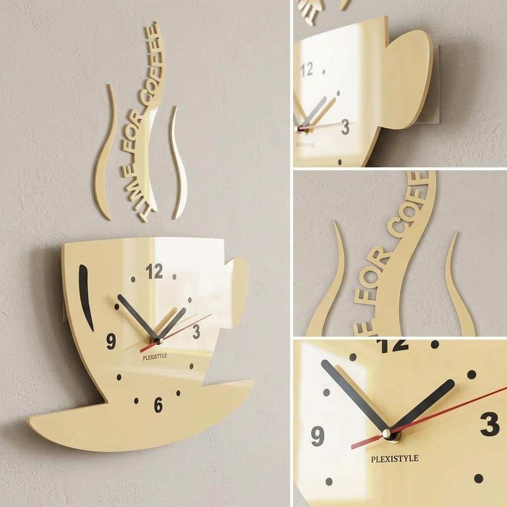 FLEXISTYLE Tasse Time for Coffee (Zeit für Kaffee) Moderne Küche Wanduhr, Vanille Ecru, 3D römisch,