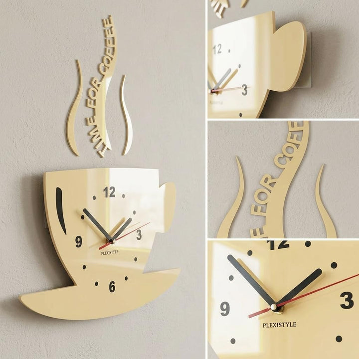 FLEXISTYLE Tasse Time for Coffee (Zeit für Kaffee) Moderne Küche Wanduhr, Vanille Ecru, 3D römisch,