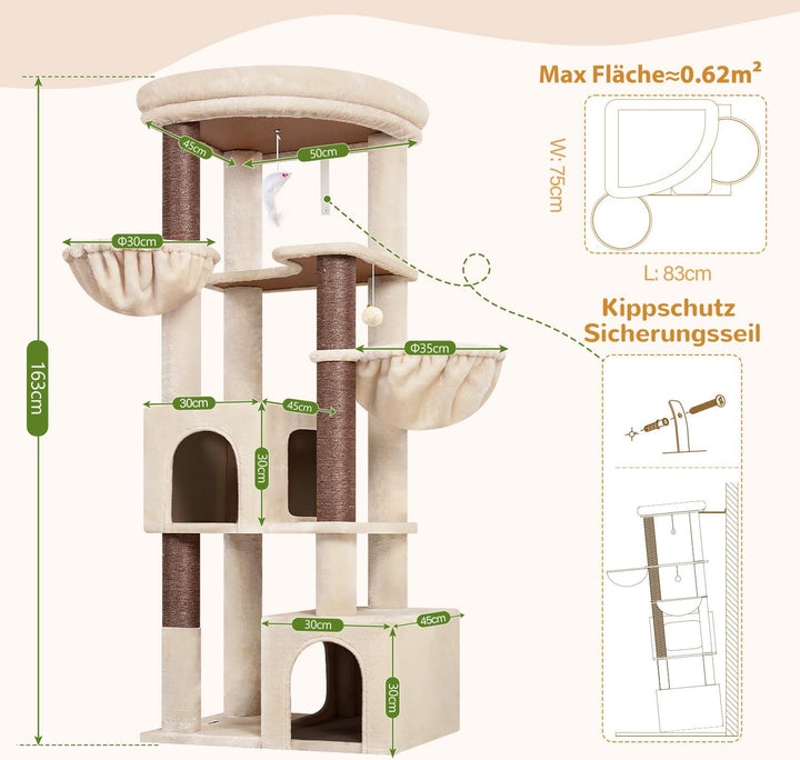 Globlazer C64 Kratzbaum Beige Stabil für Grosse Katzen 163 cm Eckkratzbaum | Stabil Katzenbaum mit E