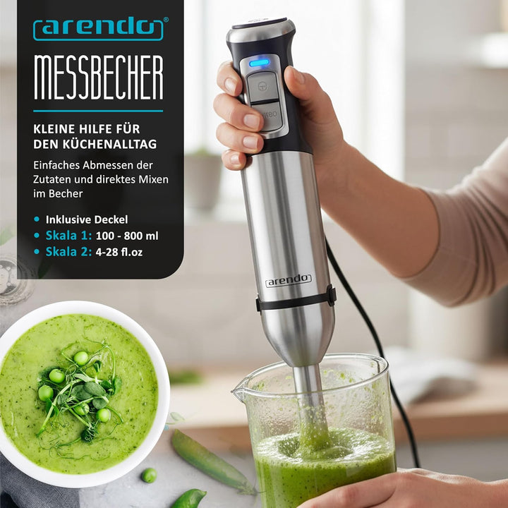 Arendo - Edelstahl Stabmixer 2000 Watt - Handmixer Set - Pürierstab - stufenlose Geschwindigkeit - T