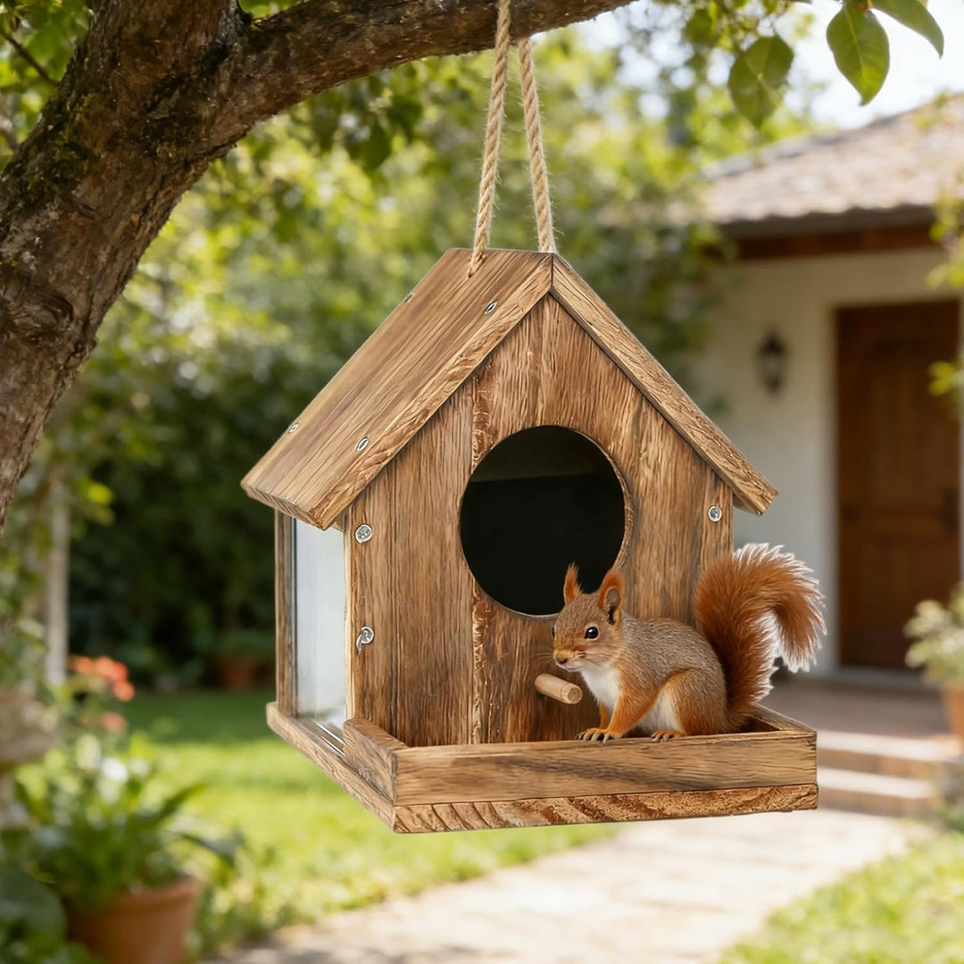 Eichhörnchen-Futterstation aus Holz, Eichhörnchen-Futterstation mit Sichtfenster, einfach zu montier