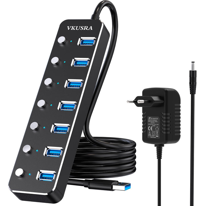 USB Hub 3.0, VKUSRA 7 Port USB Hub Aktiv 3.0 mit 5V/3A Netzteil und Langes Kabel 120cm, Aluminium US