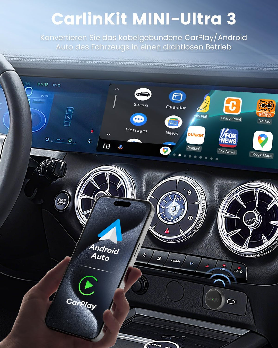 CarlinKit MINI-Ultra 3 Wireless Adater – Konvertiert kabelgebundenes CarPlay/Android Auto in kabello