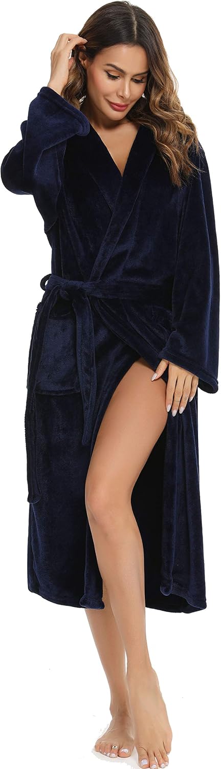Vlazom Damen Winter Bademantel Flanell mit Kapuze Langärme Morgenmantel Saunamantel Flauschiger Robe