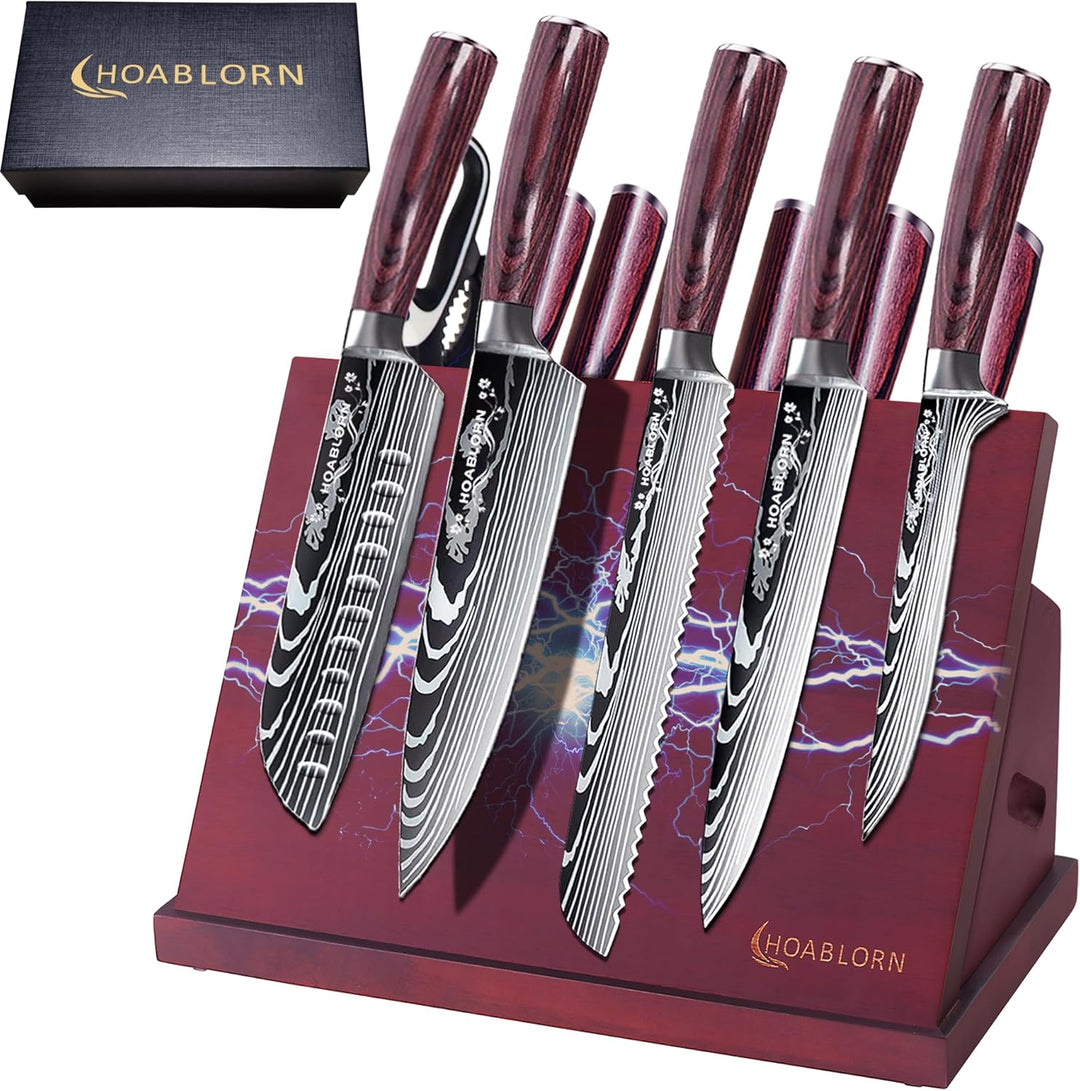 ChefHoablorn Küchenmesser Set mit Block 15pcs Messerblock mit Messer Akazienmesser Halter mit Starke
