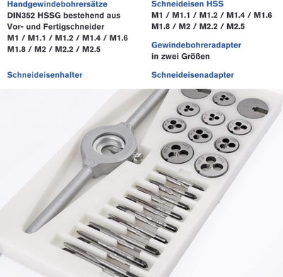 GSR PROFI Miniatur-Gewindeschneidsatz, 30-teilig, metrisch, Geschwindeschneider Set HSS-G, M1-M2,5 G