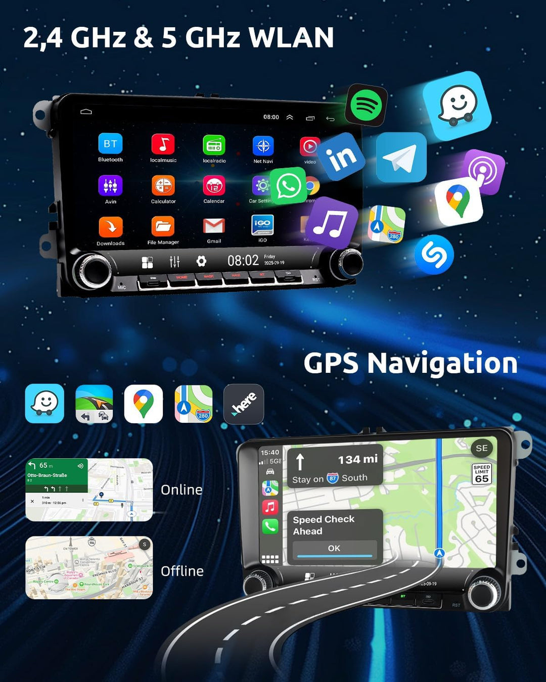 ESSGOO Android 14 Autoradio für VW Golf 5/6, T5, Passat, Polo, Touran, Tiguan, Caddy, Seat – 9" Touc