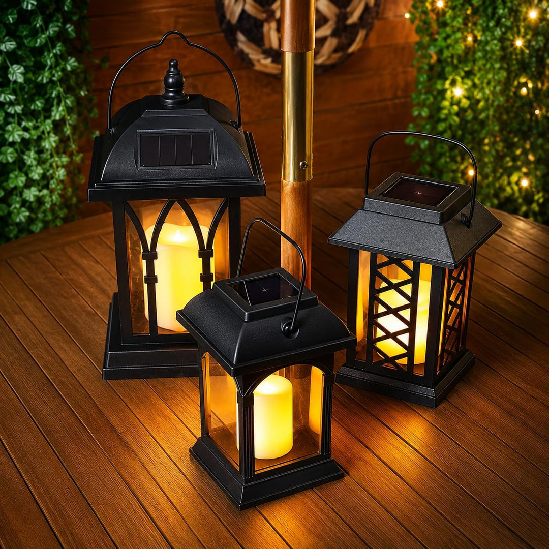 Festive Lights 3-er Set: Schwarze Solar Laternen mit LED Kerzen und täuschend echt wirkenden Flacker