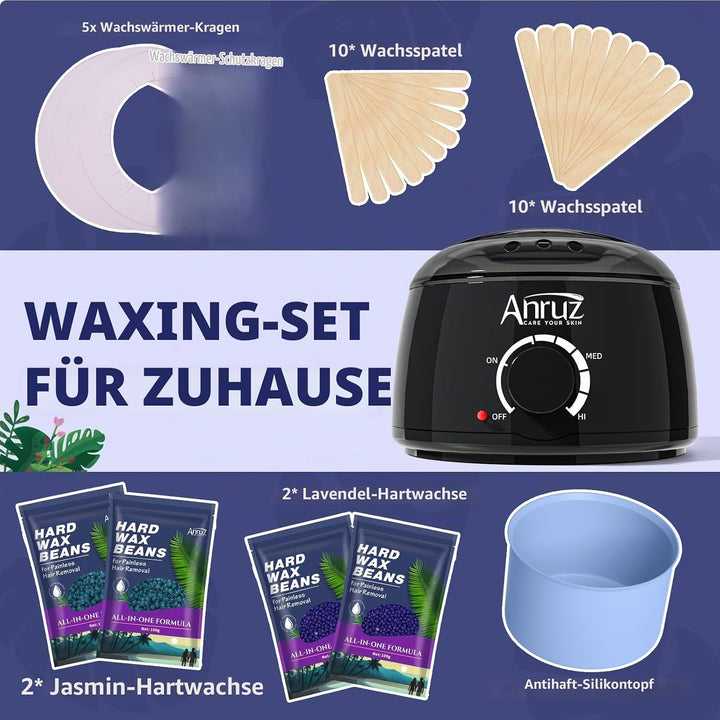 ANRUZ Waxing Set- A1-Black Wachswärmer Wachs Haarentfernung mit 400g Wachsperlen,Silikonschale und 2