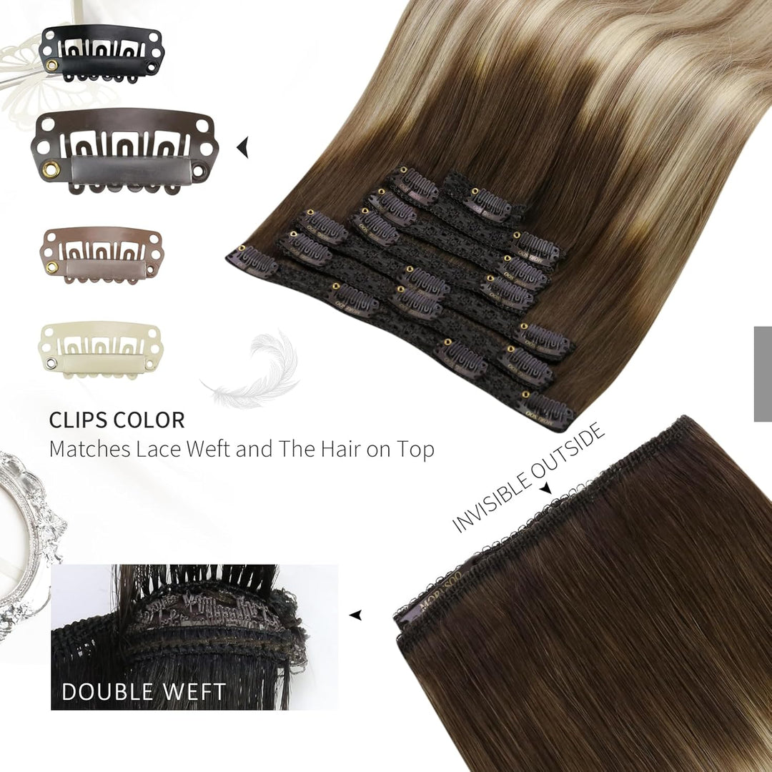 Moresoo Echthaar Extensions Clip Braun Clip in Extensions Echthaar Remy Ombre Haarverlängerung Echth