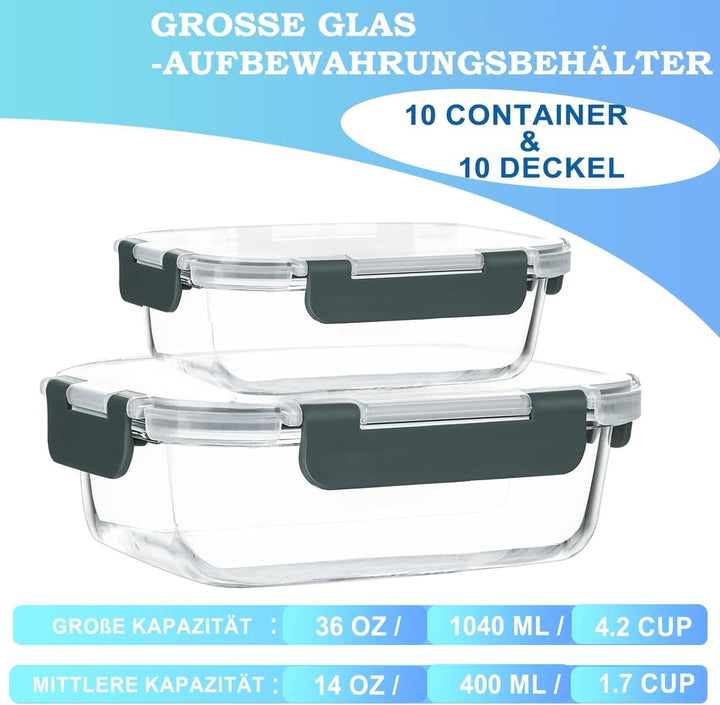 20er Set (10-Pack) Glas Vorratsdosen - 5x 1040ml & 5x 370ml Borosilikatglas für Mikrowelle & Meal Pr