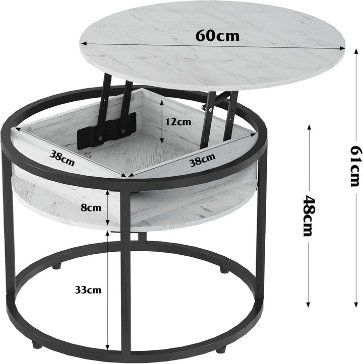 WLIVE Couchtisch Rund mit Hebeplatte, Wohnzimmertisch Höhenverstellbar mit Stauraum, 60 x 60 x 50 cm