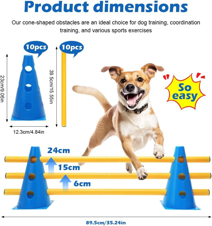 Agility Set Hunde Klein Cavaletti Hunde Steckhürdenset, Sports Steckhürdenset 10 Kegel + 5 Stangen,