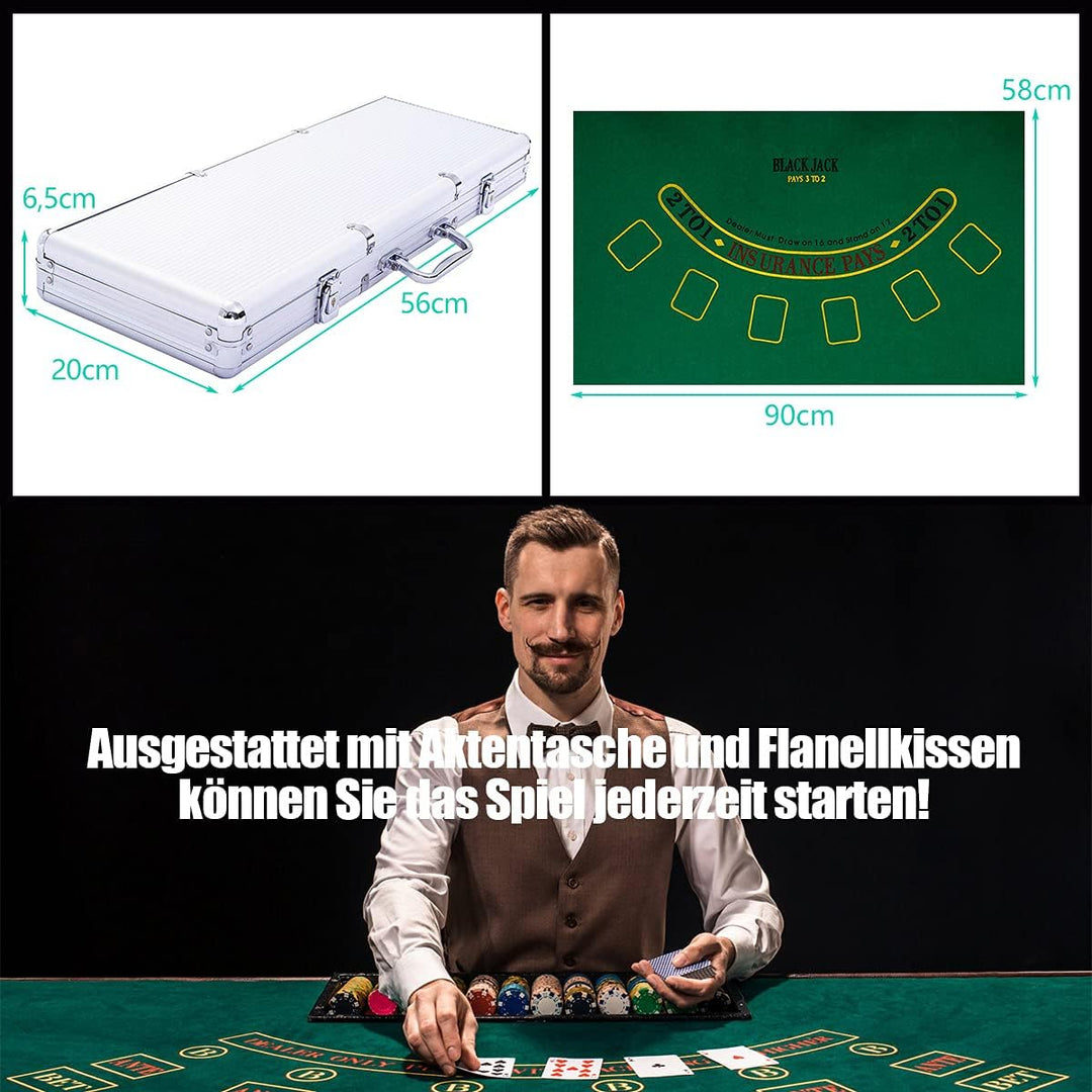 GOPLUS Pokerset mit 500 Chips, Pokerkoffer aus Alu, Poker Set mit 2 Kartendecks, 5 Würfel, Spielmatt