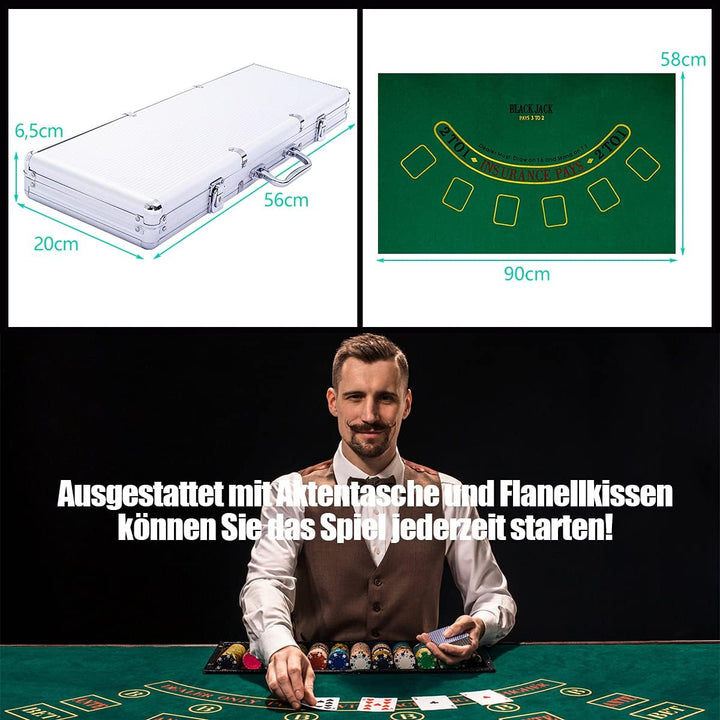 GOPLUS Pokerset mit 500 Chips, Pokerkoffer aus Alu, Poker Set mit 2 Kartendecks, 5 Würfel, Spielmatt