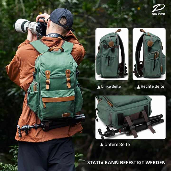 Padwa Lifestyle Kamerarucksack - Gewachstem Memory Canvas Kamerarucksack mit 16“ Laptop-/Objektivfac