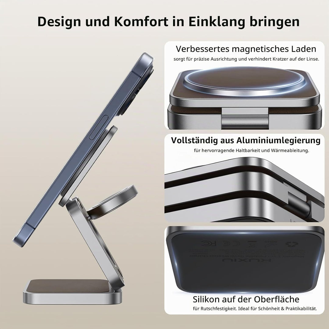 KU XIU X40 3-in-1 Induktive Ladestation – Kabelloses magnetisches Ladegerät, Faltbares Reiseladegerä