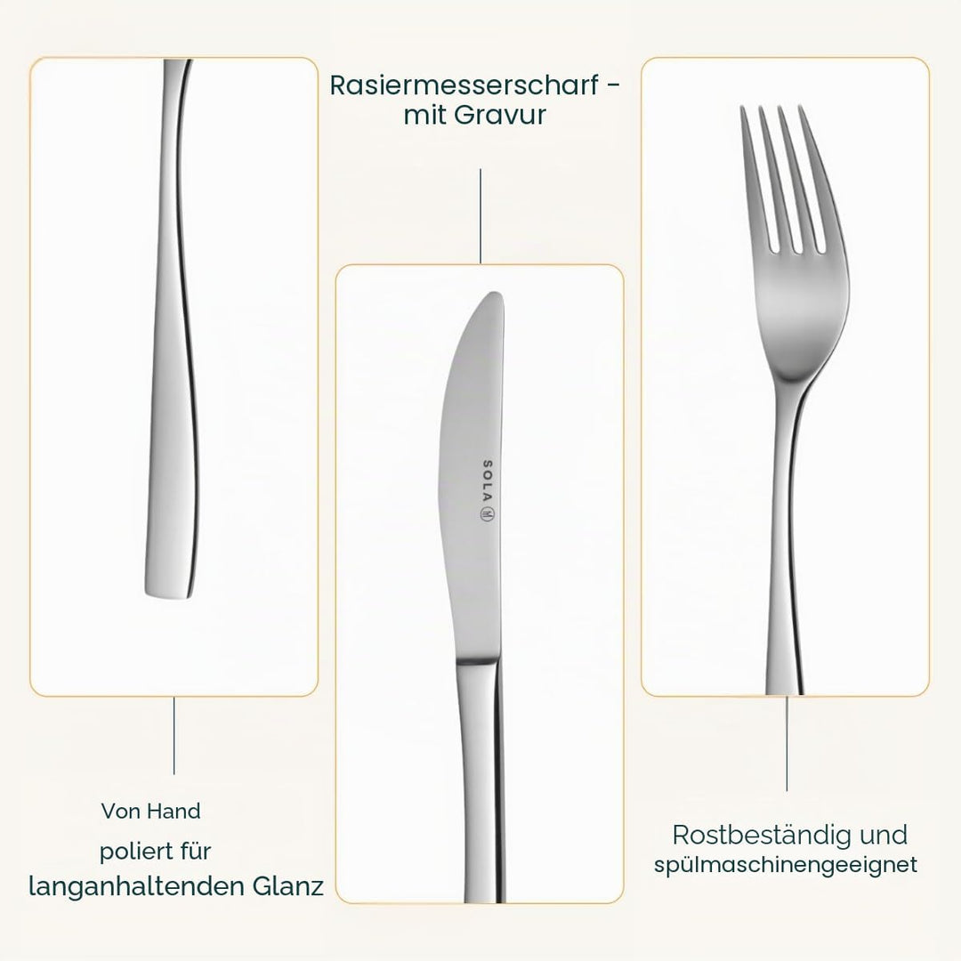 Sola Lotus Besteck Set - 6 Personen Essbesteck - 24 Teilig, 18/10 Rostfreiem Stahl - Robustes &amp; Eleg