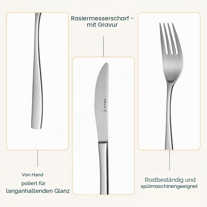 Sola Lotus Besteck Set - 6 Personen Essbesteck - 24 Teilig, 18/10 Rostfreiem Stahl - Robustes &amp; Eleg
