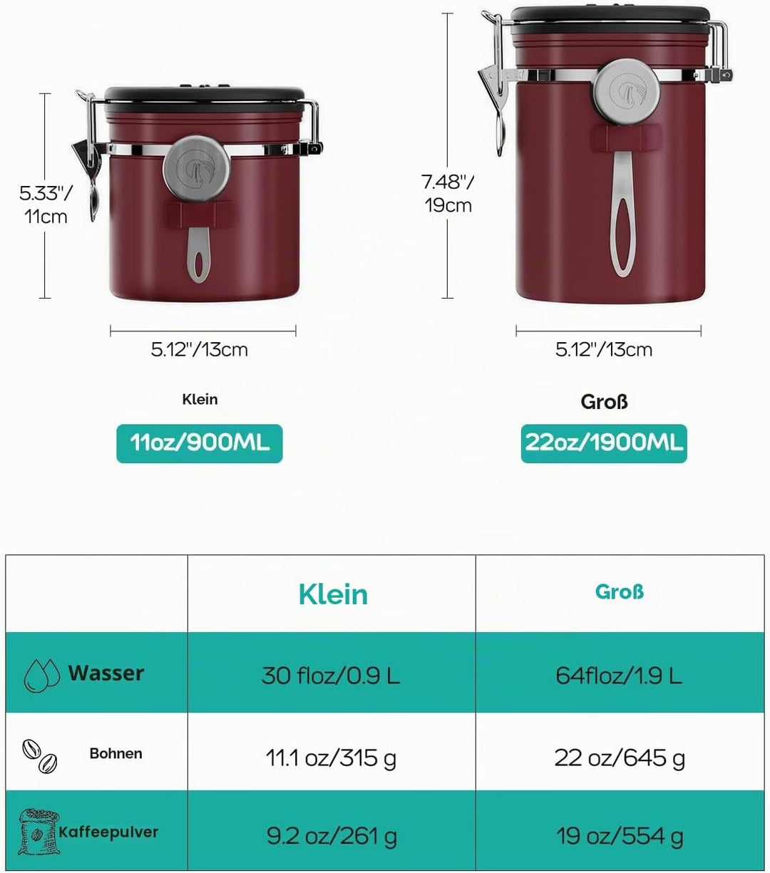 Coffee Gator Kaffeedose Edelstahl, Luftdicht Vorratsdose mit Deckel, Datum Tracker, CO2-Freigabevent