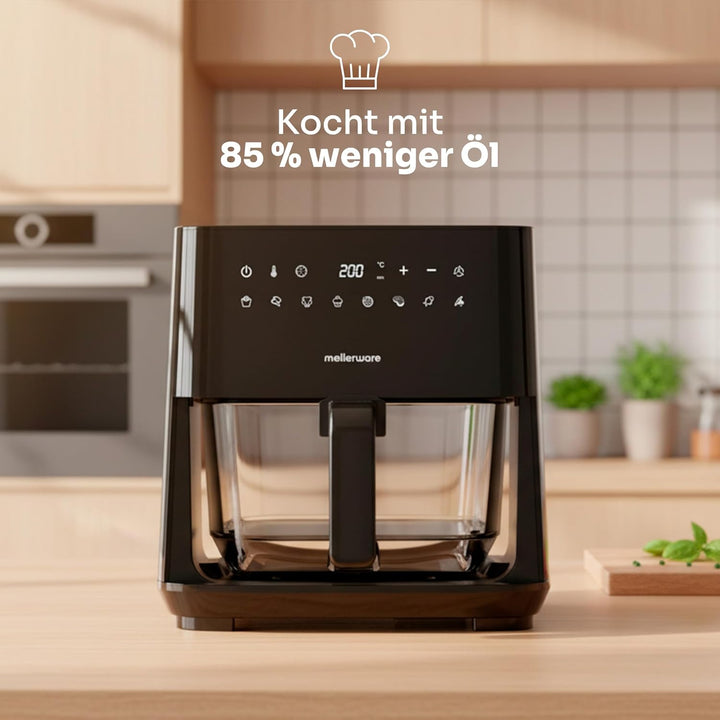 MELLERWARE – Heissluftfritteuse 1450W | Glasbehälter 4,5L | 9 Programme + Vorheizen | Touchscreen |