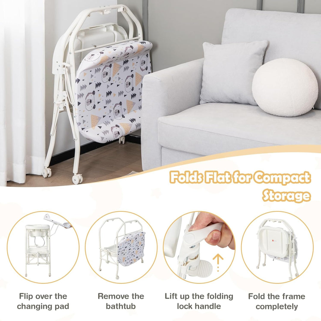 FANTASK 4 in 1 Wickeltisch mit Badewanne, mobile Babybadewanne mit Universalrädern, tragbare Wickelk