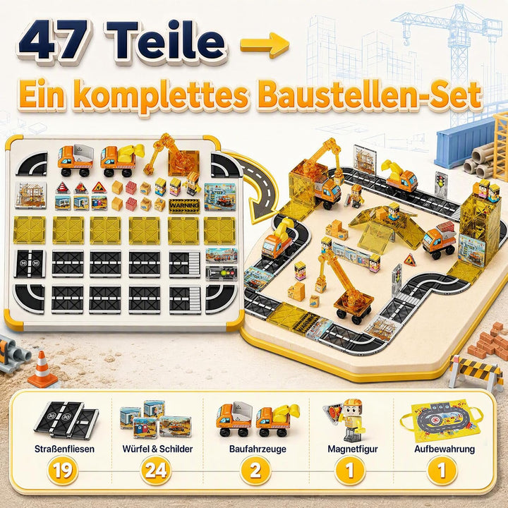 burgkidz Magnetische Bausteine Strassenset 47tlg: Baustelle für Jungen ab 3