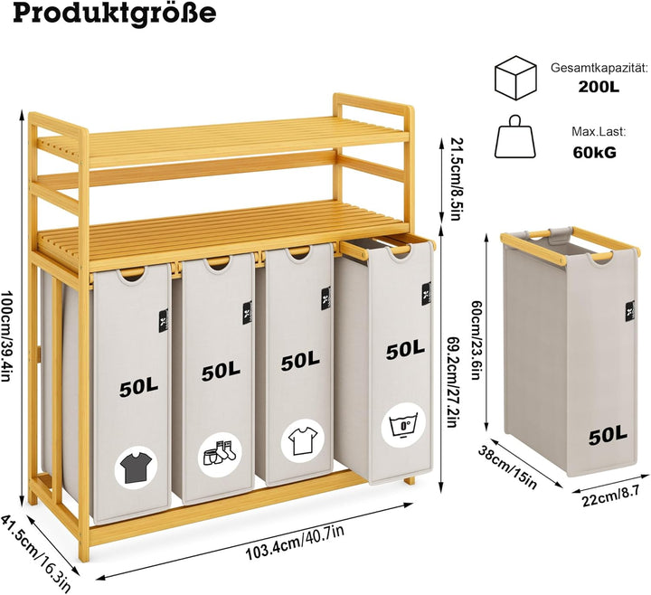 AdelDream Wäschekorb 200L,4 Fächer Wäschesammler,2 Ablagen,Bambus | Wäschesortierer 4 x 50L,ausziehb