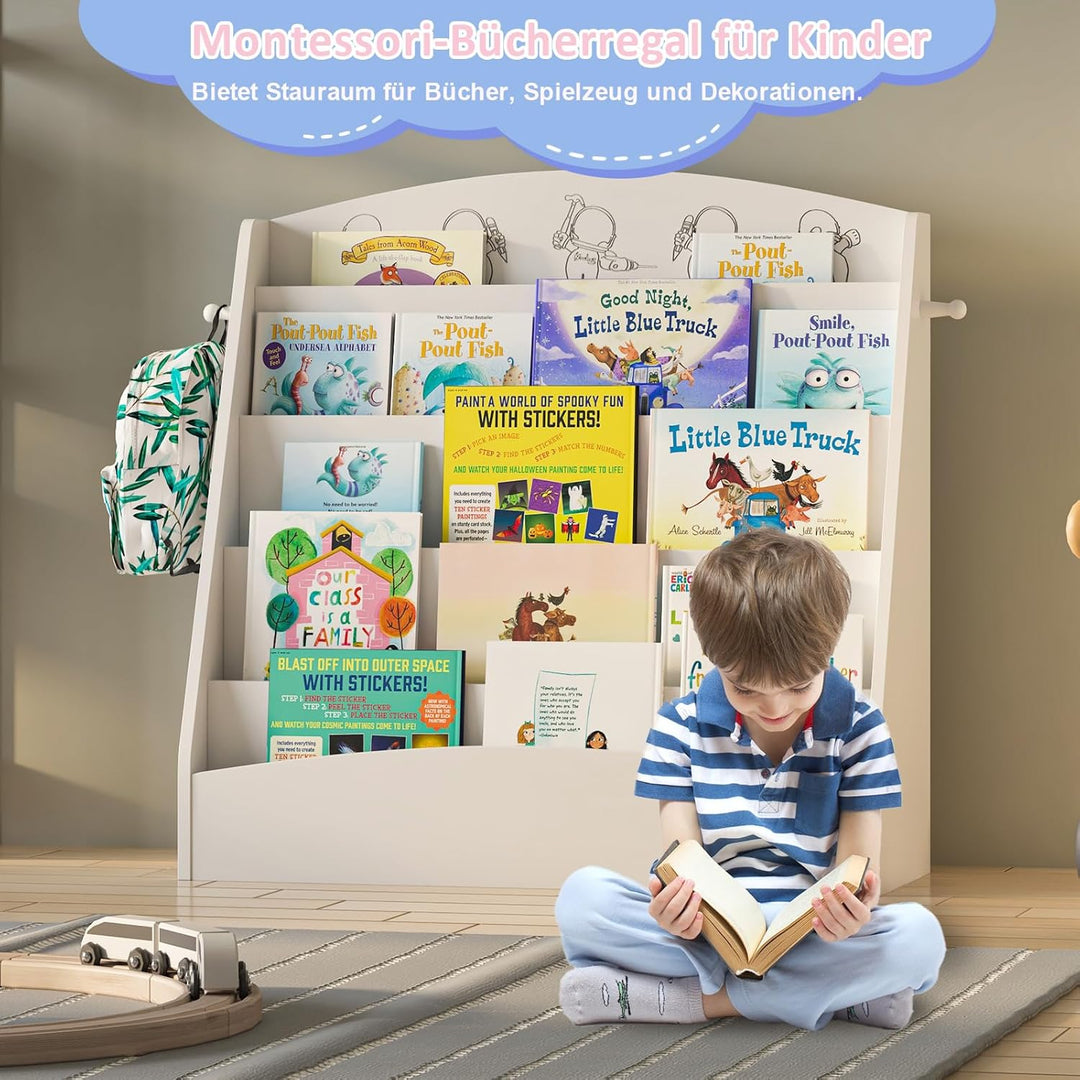 Kinder Bücherregal mit 5 offenen Fächern und Haken, Kinderregal Holz, Montessori Aufbewahrungsregal