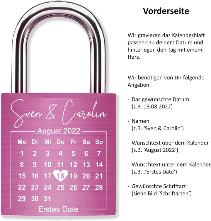 Liebesschloss mit Gravur Kalenderblatt - Pink - gestaltbar mit vielen Farben &amp; Schriften - Jahrestag