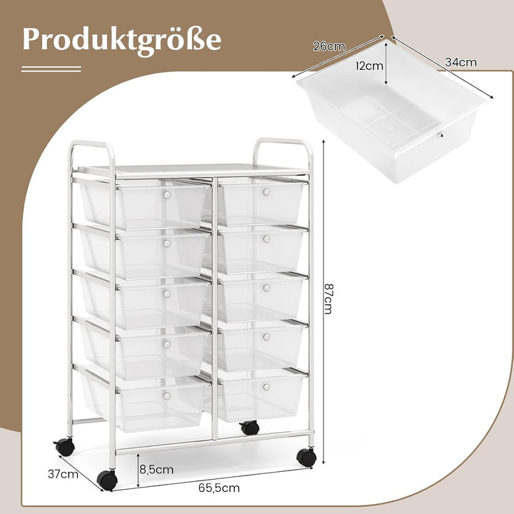 COSTWAY Rollwagen mit 10 stapelbaren Schubladen, Schubladenwagen Rollcontainer mit Metallgestell und