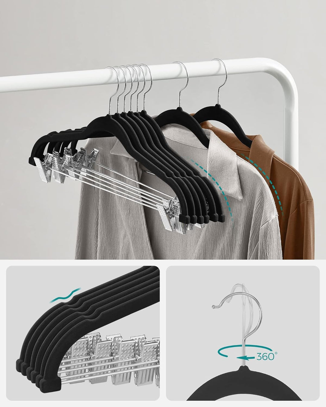 SONGMICS Kleiderbügel Samt, 12er Set, Rockbügel, 42,5 cm breit, mit verstellbaren Clips, rutschfest,