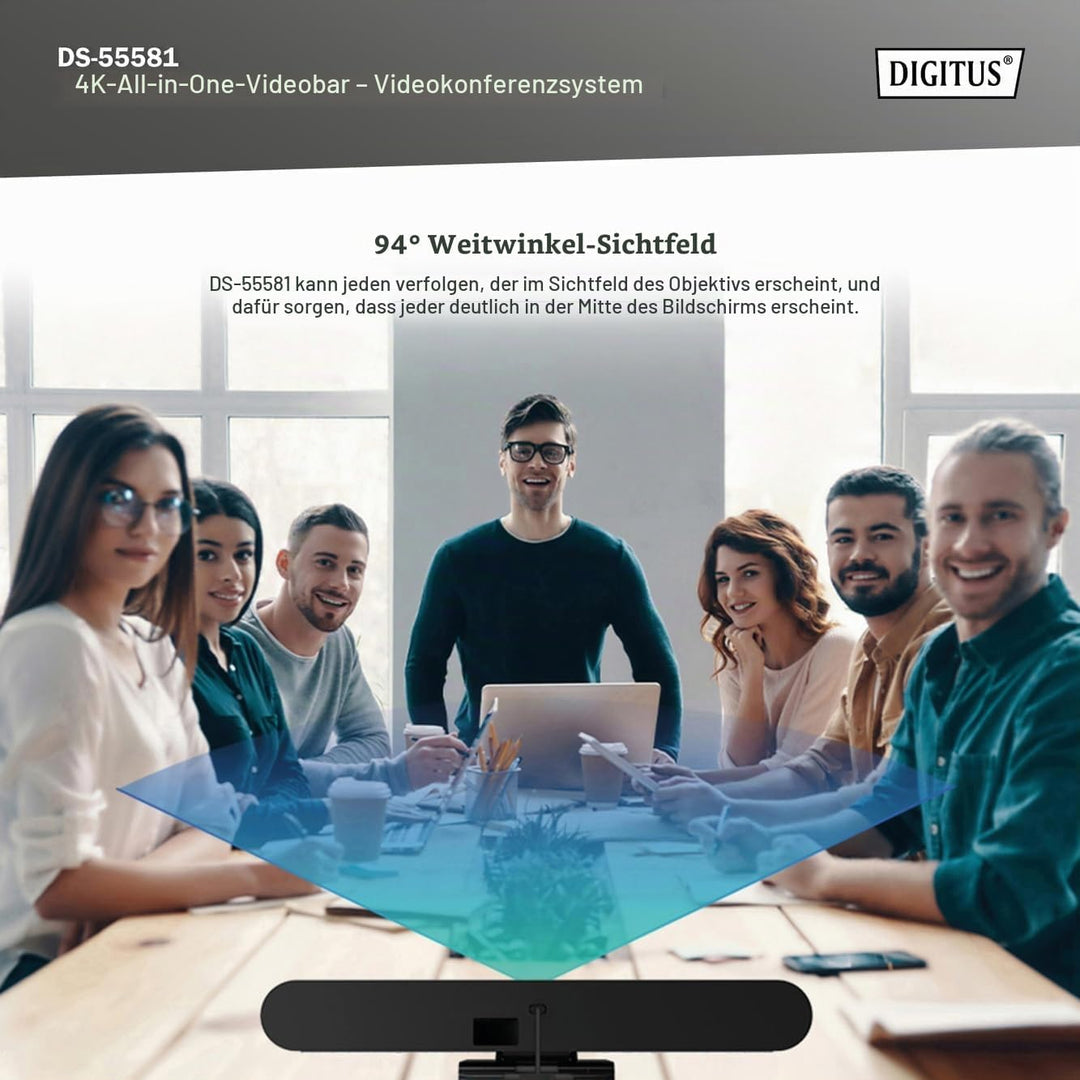 DIGITUS DS-55581 Video Bar Mini, Video-Konferenz-System – 4K UHD 30 Hz ePTZ Webcam Kamera – 2 Intern