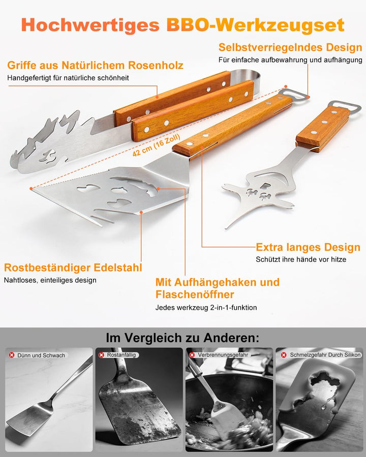 BBQ Grillbesteck Set 3-TLG, Extra Langes Grillwerkzeug, Edelstahl Holzgriff, Grill Zubehör mit Grill