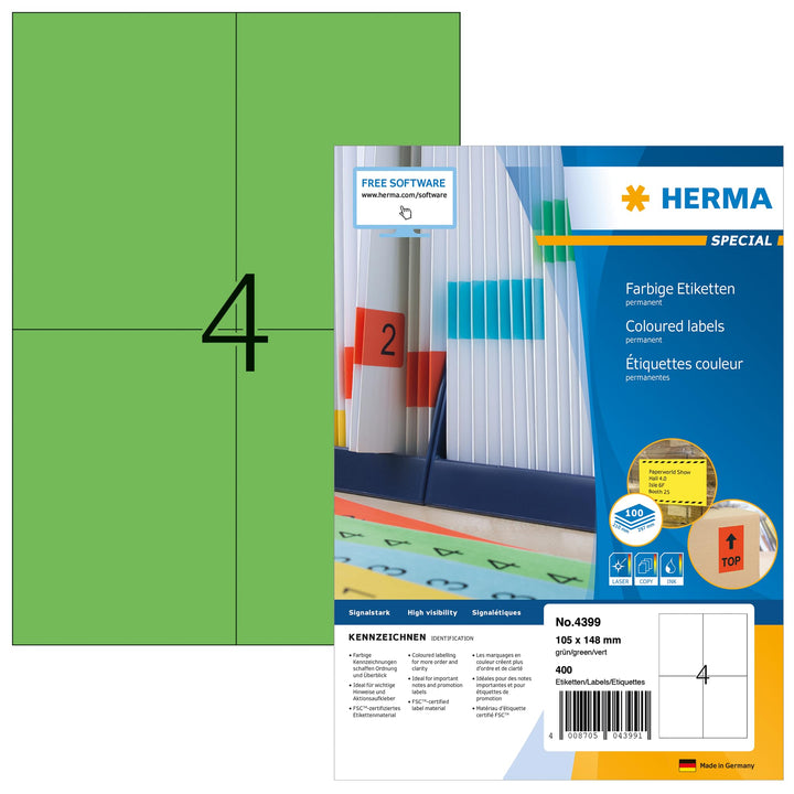 HERMA 4399 Farbige Etiketten grün, 100 Blatt, 105 x 148 mm, 4 Stück pro A4 Bogen, 400 Aufkleber, sel