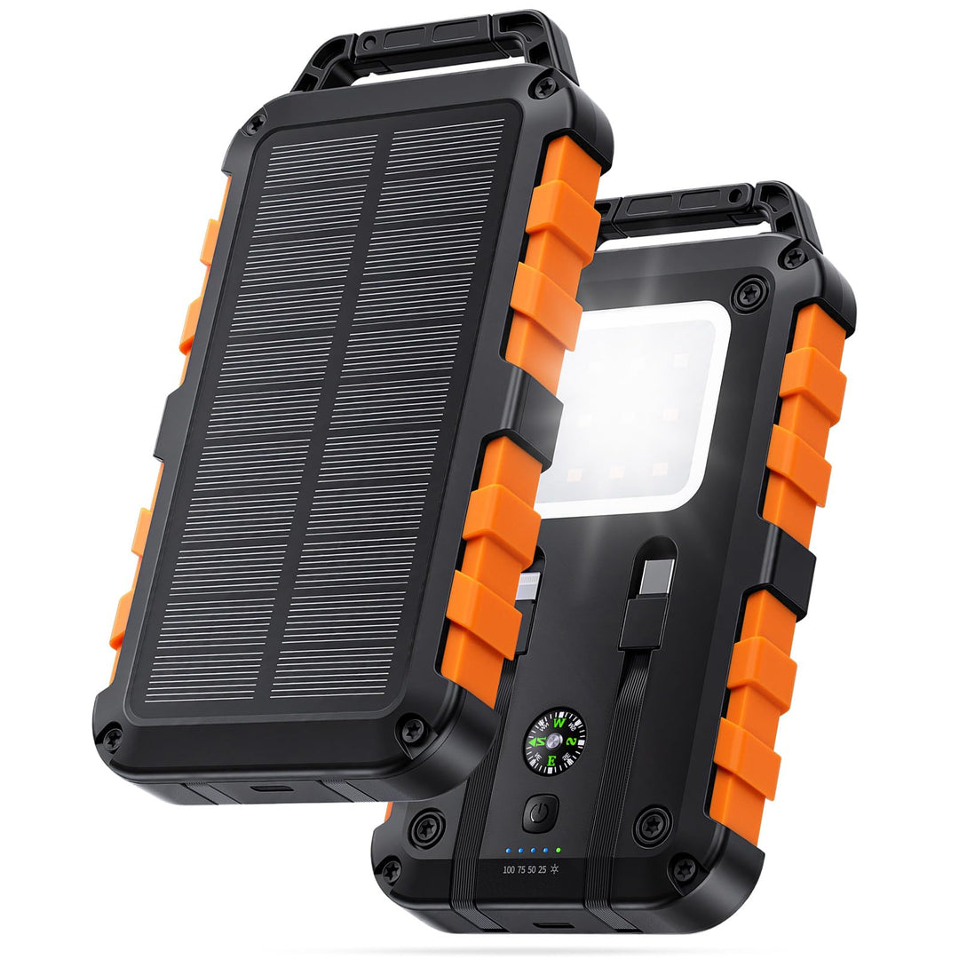 Solar Powerbank 10000mAh mit 2 integrierten Kabeln, Tragbares Solar-Ladegerät mit USB C PD 15W Schne