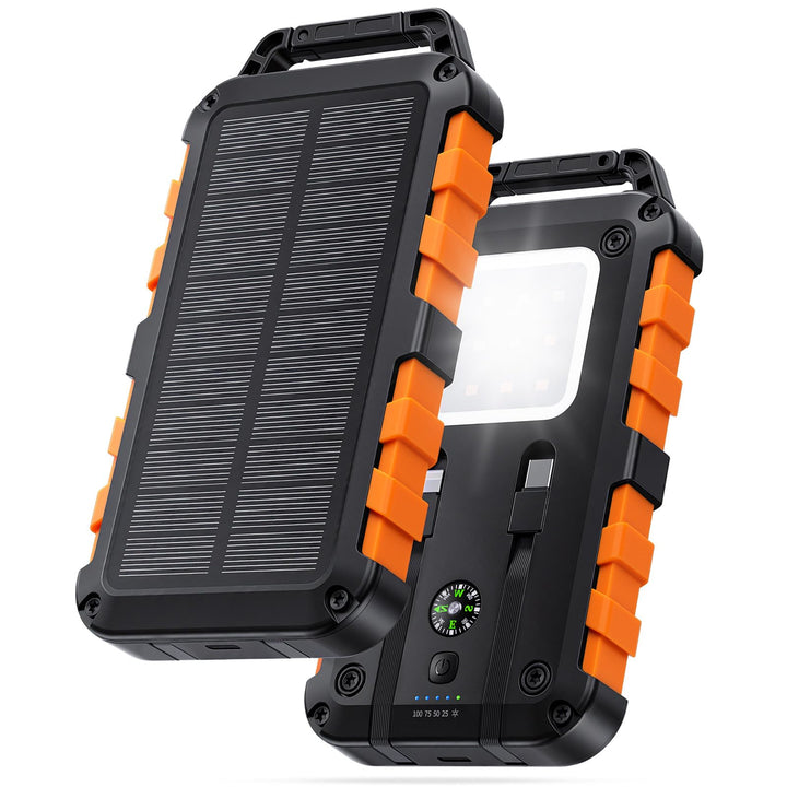 Solar Powerbank 10000mAh mit 2 integrierten Kabeln, Tragbares Solar-Ladegerät mit USB C PD 15W Schne