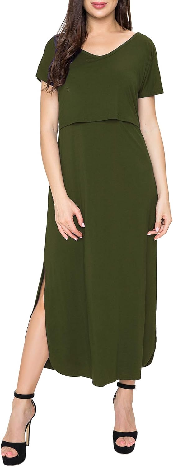 Smallshow Damen Lang Split Stillkleid Kurzarm Umstandskleid Sommer XL Armeegrün, XL Armeegrün