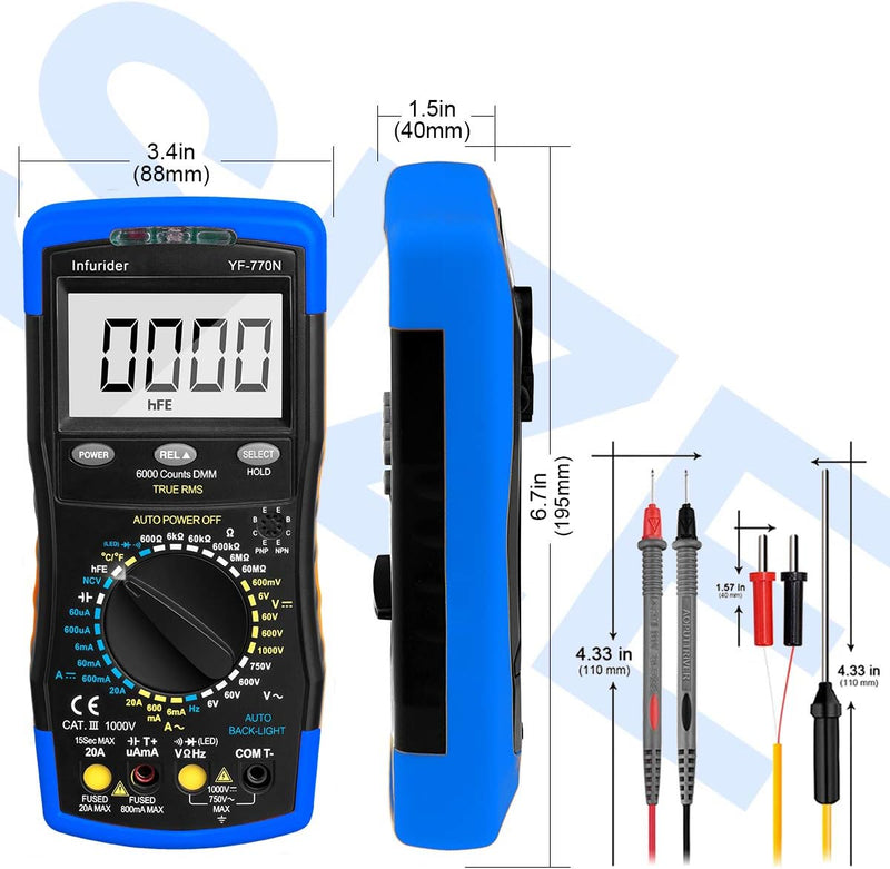 INFURIDER Digital Multimeter YF-770N,True RMS 6000 Counts Auto-Ranging Voltmeter Amperemeter Ohmmete